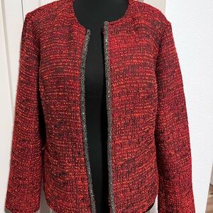 Chico's Red Tweed Blazer with Black Trim